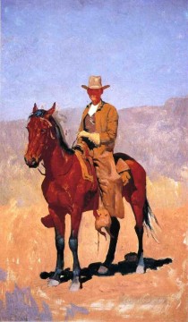 boy with a skull Painting - Mounted Cowboy in Chaps with Race Horse Old American West Frederic Remington